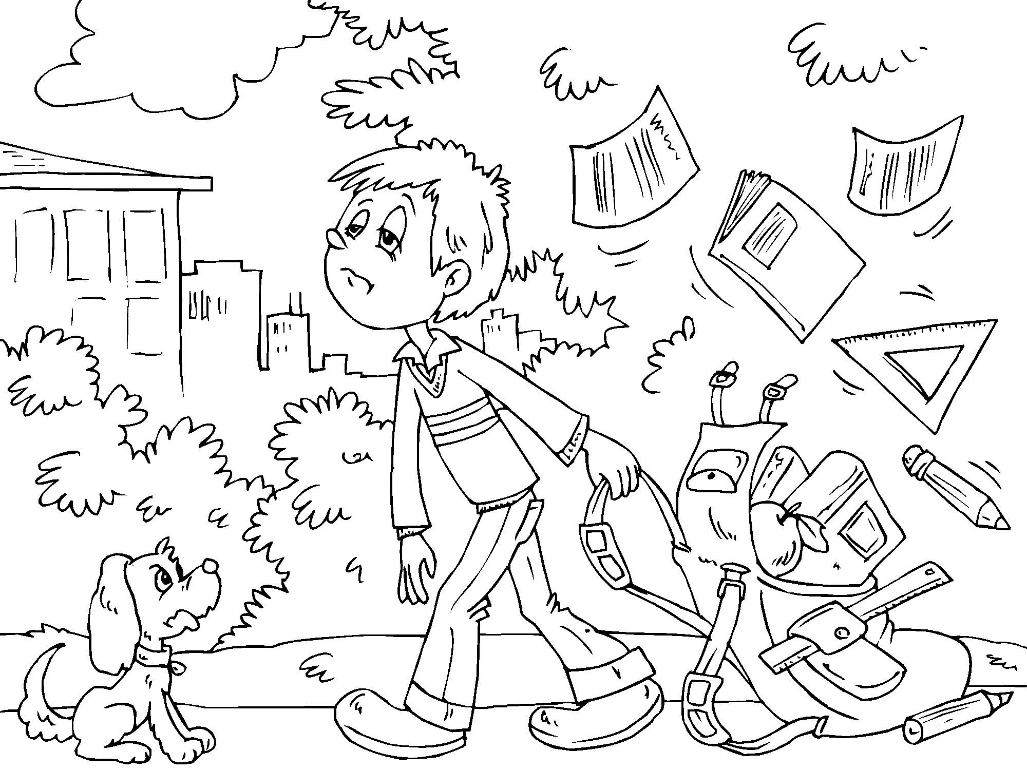 Coloring Pages of Boy Dos't Want to go to School in First Day